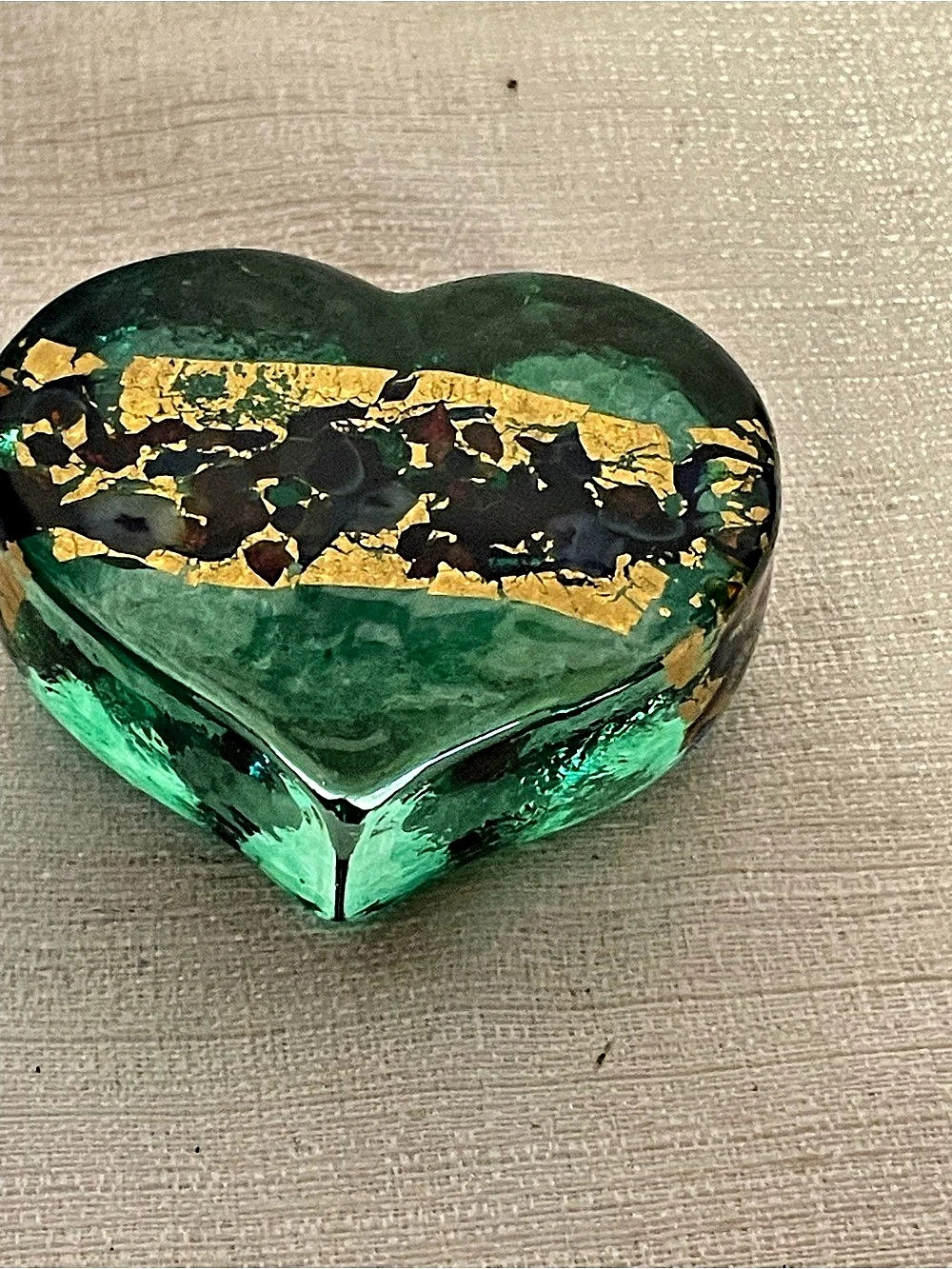 Robert Held Green & Gold Heart Art Glass Paperweight